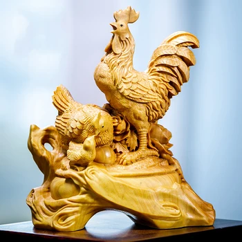 10 см Петел Щастливо Семейство Дървена статуя на Декорации За Дома Китайски Малък Пиле Играчка модел Птици