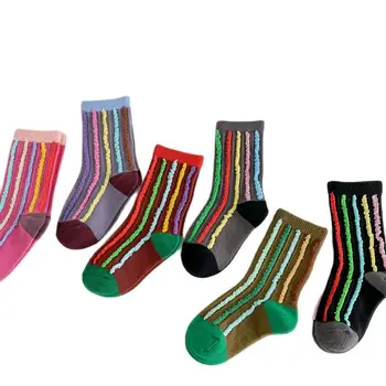 2 чифта/лот, 3-12 години, 2023, Есенни Нови преливащи се цветове чорапи със средна дължина, Памучни чорапи в контрастни райета за момичета