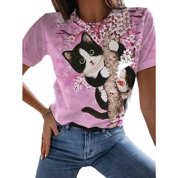 2023 Дамски летни тениски с 3D принтом хубава котка в Ретро стил, женска тениска с къс ръкав, Дрехи, сладки върховете