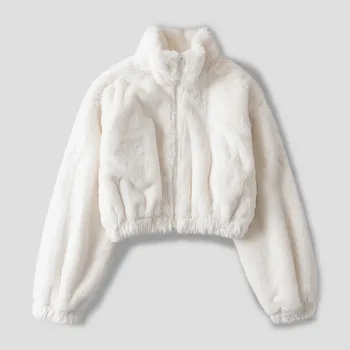 2023 Есенно-Зимни Дамски Вълнени якета, Свободна Къс яке от изкуствена вълна с цип, Плюшевое палто-бомбер от изкуствена Кожа заек, Дамски Къси палта