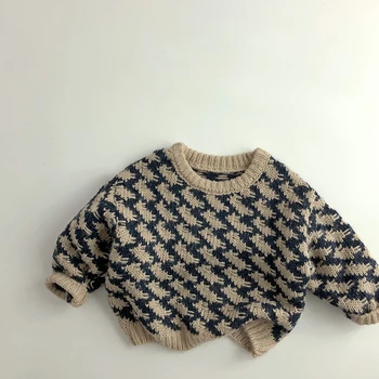 2023 Есенно-зимни детски пуловери в клетката, за момчета и момичета с кръгло деколте, свободно трико