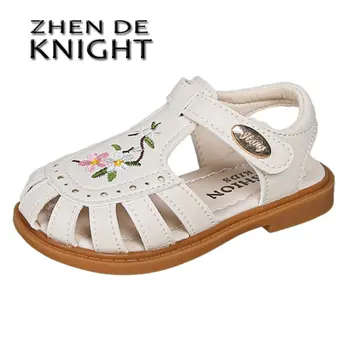 2023 Нови сандали за момичета, Летните обувки на Принцесата със затворени пръсти за момичета, мека подметка, плажни обувки с цветна бродерия в Ретро стил