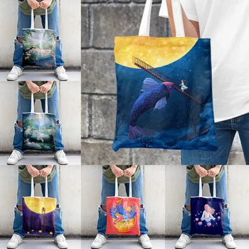 2023 Нови Цветни Холщовые чанти за пазаруване с мультяшными илюстрации, дизайн елементи, Скъпа чанта-тоут, ученически чанти за момичета
