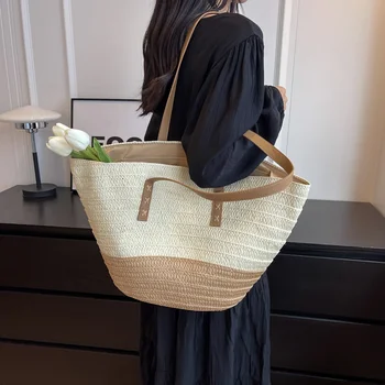 2023 Плажната чанта за пазаруване с Голям капацитет, Луксозна Дизайнерска чанта през рамо от ратан, Женски сламени чанти ръчна изработка, Лятна чанта