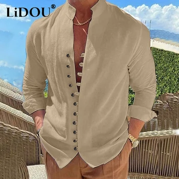 2023, Пролет-есен, нова однотонная памучен риза от канабис с яка-ботуш и дълъг ръкав, модерен мъжки однобортный универсален жилетка