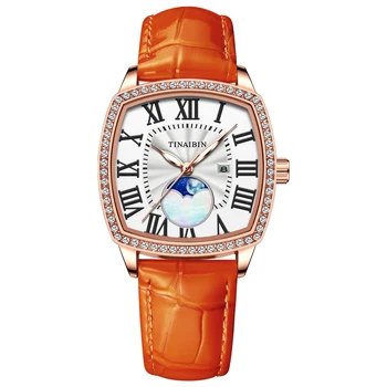 2023 Уникални дамски часовници Essentials с оранжеви римски цифри, каишка от естествена кожа на таблото, montre femme