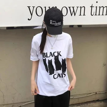 240 грама Висококачествен памук в Корейския уличном стил Y2K с принтом черни котки, лятна мода ежедневни Свободна женска тениска с къс ръкав, тениска