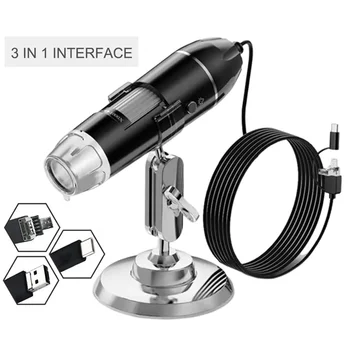 3 В 1 1600X Дигитален микроскоп Type-C Micro USB, Електронно-микроскопични камера с група от 8 светодиода