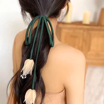 3D Лента за коса във формата на Лале от органза, Френски Романтична Обвивка, Лък, Въже за коса, лилаво цвете, Вратовръзка за момичета, Модно бижу украса