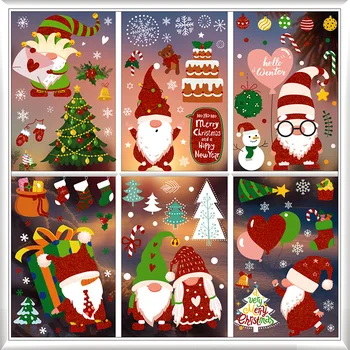 9 Листа Коледни Стикери по Прозорците, Джуджета, Снежинки, Статични Етикети, Подвижни Стъклени Етикети за 2024 Навидад Party Decor Supplies