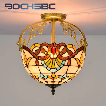 BOCHSBC Тифани Ретро стил барок, 12-инчов горната лампа от витражного стъкло, декорирующий трапезарията, спалнята, коридора, тавана лампа