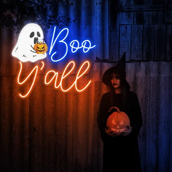 Boo, Yall Неонова реклама Хелоуин Призрак Декор Led Лампа Хол Монтиране на украса На Поръчка Фестивал за Хелоуин Парти Неонови светлини