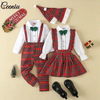 Ceeniu/Бебешко Коледно облекло за момичета и момчета от 2 до 6 години, Бяла Риза с вратовръзка и Проверени панталони/Поли, Еднакви комплекти за сестра си и на Брат си