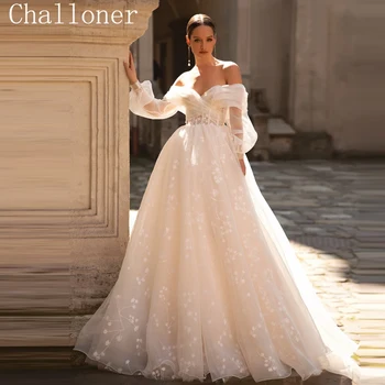 Challoner, Модерна сватбена рокля с открити рамене, Кривата ръкави с цветен печат, Сватбена рокля с цип с отворен гръб, Vestido de Новия New