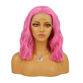 FANXITION Розово Кратък Съраунд Вълнообразни синтетични перука на дантели с дължина до раменете, перуки на дантели за жени, перука за cosplay от тепловолокнистых на косата