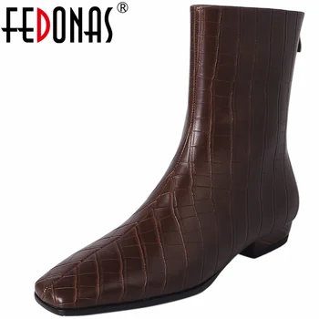 FEDONAS/ Женски ботильоны на нисък ток, с високо Качество Дамски обувки от естествена кожа, Квадратен Чорап, Лаконичная Офис обувки с цип отзад, Есен-Зима
