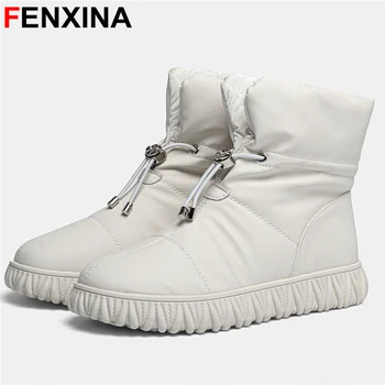 FENXINA / Новост 2024 година, Топли зимни обувки от естествена кожа, Дамски обикновена зимни ботильоны, Модни дамски ежедневни обувки на равна платформа