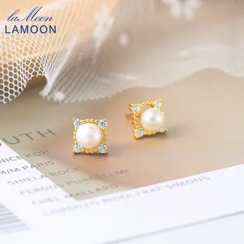 LAMOON Обеци с естествени перли за жени от 925 сребро, позлатени CZ Диаманти, Фини бижута, Модни Корейски обеци-карамфил в подарък