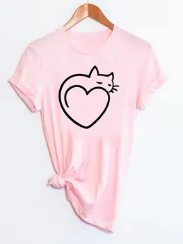 Love Heart Тенденция, Стилна лятна тениска с сладък котка, Модни и ежедневни тениска, Дамски дрехи с къс ръкав и принтом, дамски дрехи, графични тениски