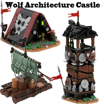 MOC Средновековен Замък с архитектура Вълк, Строителни блокове, Военен Кон, Палатката е Бандит, Стражева кула, Сал, Оръжие и Пирати, Тухли, Играчка за момче