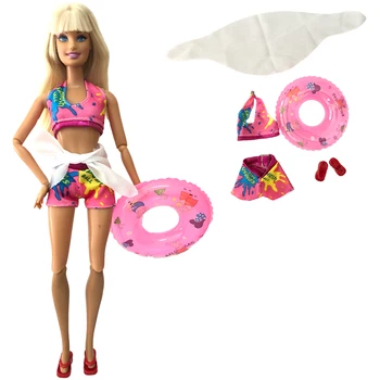 NK 1 комплект, цветен отделни механизъм принцеса, Плажен бански, Чехли за баня, Плувен шамандура, спасителен кръг, пръстен за аксесоари за Барби, подарък за кукли, момичета