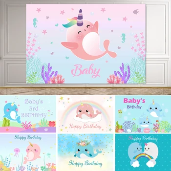 SeekPro Морски Нарвал, Розови животни, на Фона на рожден Ден, Мультяшная детска подводна фотография, украса за парти в чест на рождения Ден на за момчета и момичета