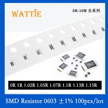SMD резистор 0603 1% 0R 1R 1,02 R 1,05 R 1,07 R 1,1 R 1,13 R 1,15 R 100 бр./лот микросхемные резистори 1/10 W 1,6 mm * 0,8 мм