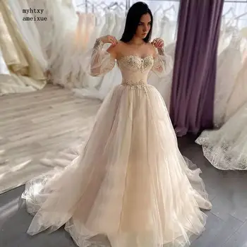 Vestidos De Новия, Сватбена рокля в стил Бохо 2023, Апликации във формата на сърце, Дантелени Трапециевидные буйни ръкави, Елегантна рокля на Принцеса за булка
