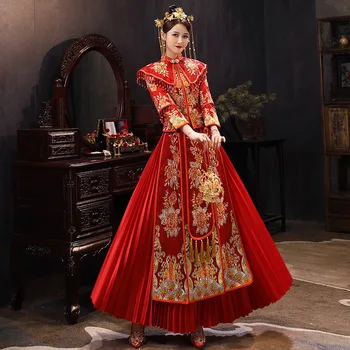 Yourqipao Традиционното китайското сватбена рокля Ципао Лонг Сюхэ, червено Ципао Ципао, Китайското сватбена рокля за Тост по повод Ангажименти на