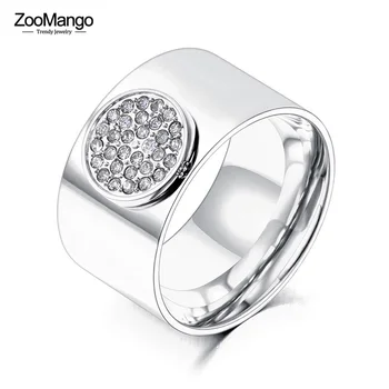 ZooMango от неръждаема стомана с много широк планински хрусталем, очарователно златен пръстен, масивни кръгли лъскавите бижута за жени, пръстени ZR23004