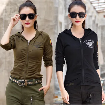ZYQS Градинска военна облекло за феновете, женска тениска от чист памук с дълъг ръкав и качулка