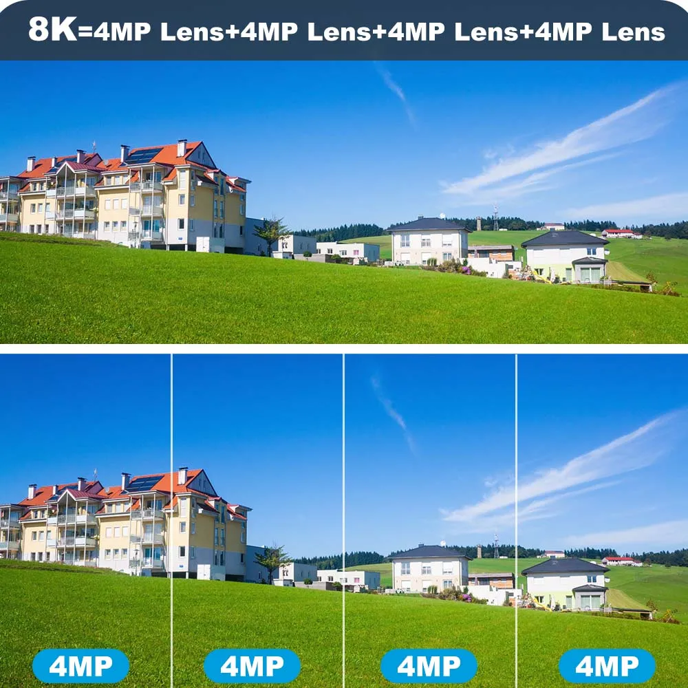 16MP 8K WiFi IP камерата е с 10-кратно увеличение 4K Външна камера за сигурност с изкуствен интелект, четырехобъективная трехэкранная Мини-градинска помещение 360 °