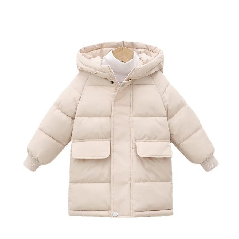 2023 Нова зимна детска памучен однотонная яке, утепленная памучен стеганая яке с качулка и дълъг ръкав за момчета и момичета, зимно палто