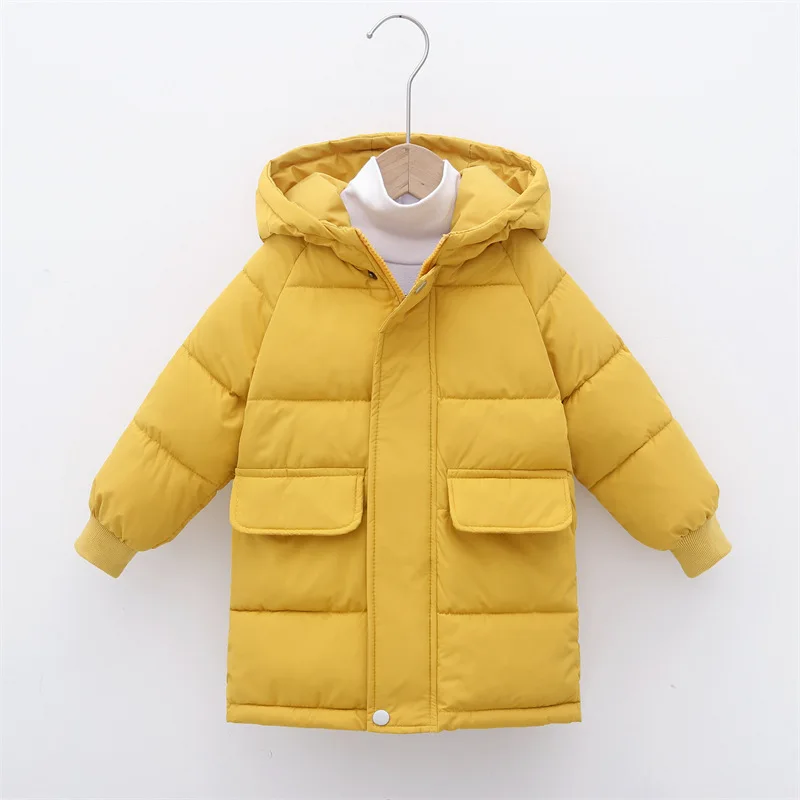 2023 Нова зимна детска памучен однотонная яке, утепленная памучен стеганая яке с качулка и дълъг ръкав за момчета и момичета, зимно палто