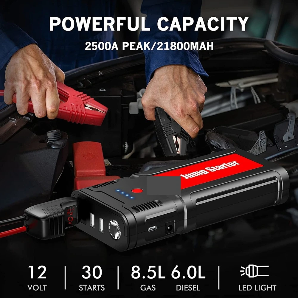2500A 21800 ма -за бензинови двигатели с обем до 8,0 л/дизелови двигатели с обем 6,5 Л, портативен автоматичен подобрител на зареждане на батерията 12v, акумулаторен автомобилен стартер