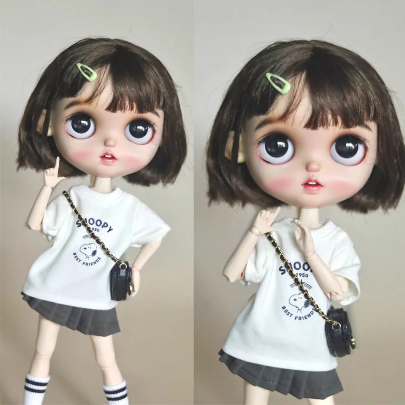Bjd 1/6 Blythe, дрехи за малките филтър кукли, бяла тениска с анимационни принтом, плиссированная пола