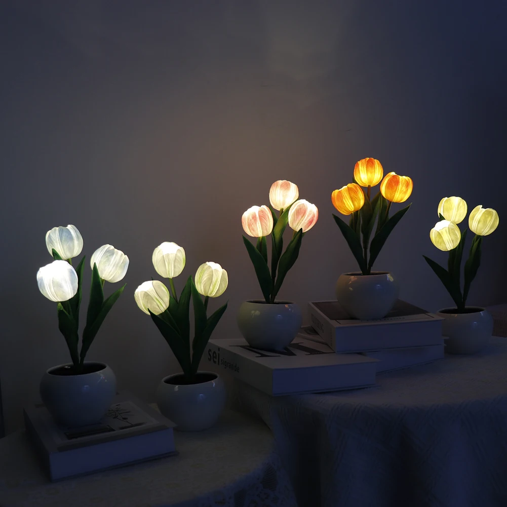 Led Лампа във формата на Лале, малка странична масичка, USB Зареждане, настолна лампа във формата на Лале, саксия, лека нощ с регулируема яркост за декорация на дома, подарък за рожден Ден