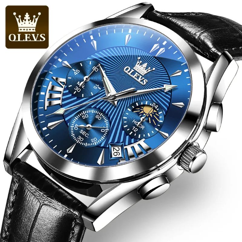 OLEVS 2876 Оригинални мъжки часовник Спортен хронограф Кварцов мъжки часовник С водоустойчив кожена каишка, светлинен часовник с 24-часов циферблат