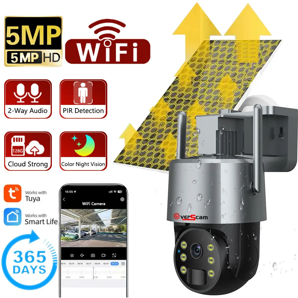 Sasha Smart 5MP Слънчева камера Батерия на Безжична Външна PTZ Водоустойчива Камера за видеонаблюдение WiFi IP камера за видеонаблюдение е с Цветен Осветление
