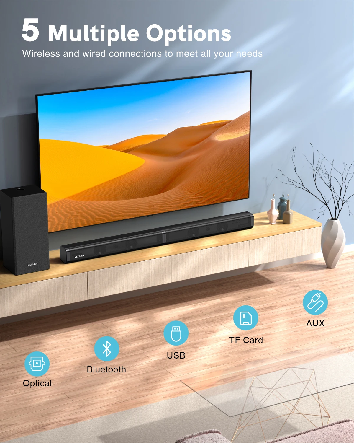 ULTIMEA TV Soundbar Cinema Home Theater Edition 100 W, Съвместимо с Bluetooth Оптична Звукова панел 5.0 AUX с високоговорител на субуфера
