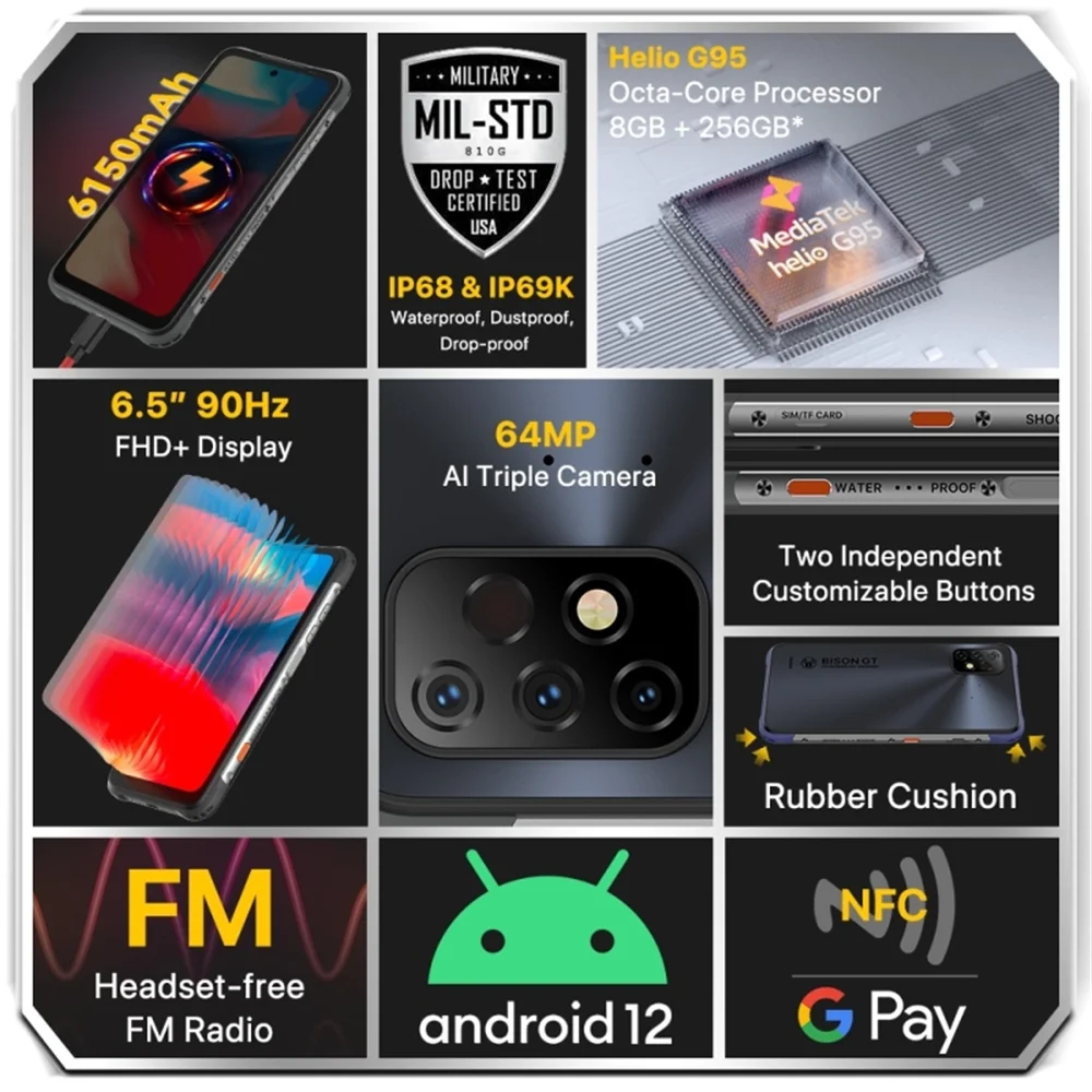UMIDIGI BISON GT2 Pro Издръжлив Смартфон Восьмиядерный 8 + GB 256 GB 6,5 Инча Android 12 Мобилен телефон 64 Mp Камера 6150 ма 4G Мобилен Телефон NFC