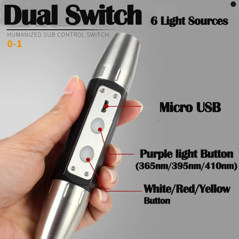 UV 365нм + 395нм + Жълто + Бяло led фенерче За Проверка на USB Зареждане Вграден 18650 Фенерче, Силен за Смарагдовите Бижута, за Скъпоценни камъни, Кехлибар