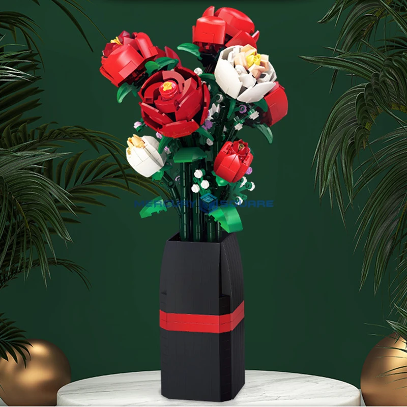 Букет от цветя, Рози, ботанически украса от растения MOC, Идеи строителни блокове, Тухли, играчка подарък за момичета, Съпрузи, деца