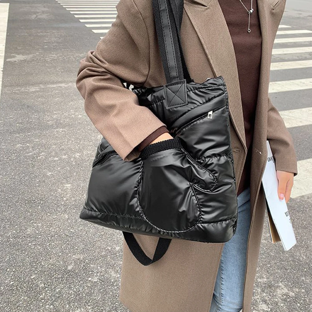 Дамски Стеганая чанта голям капацитет, с набивкой, чанта с горната дръжка, мека однотонная лека изкуствена кожа, за жени, извършващи покупки на открито