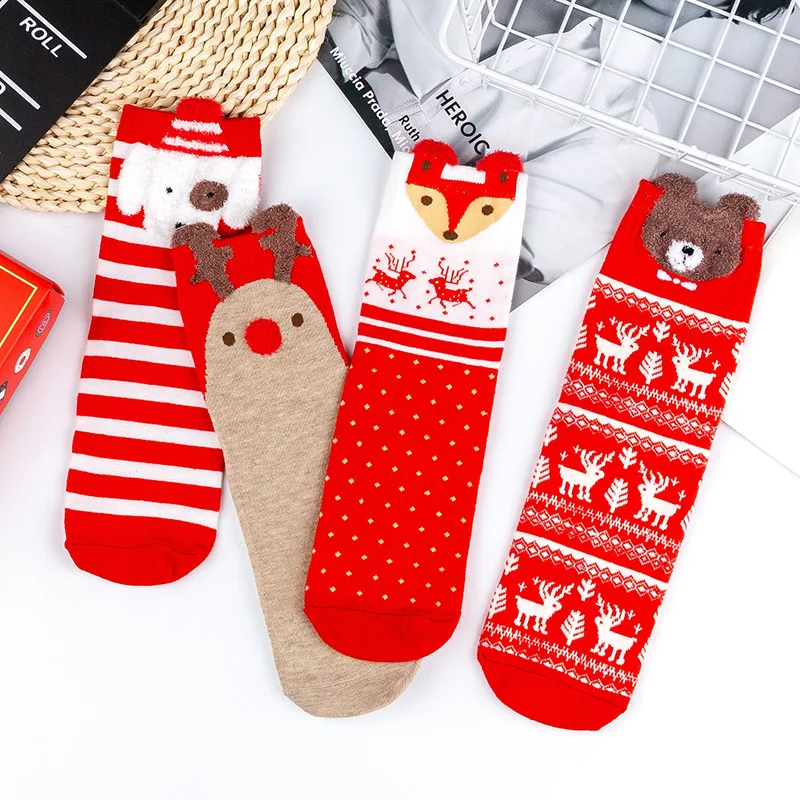 Дамски чорапи с облика на сърна от карикатура, червени чорапи Benmingnian, Коледни есенно-зимни чорапи със средна дължина