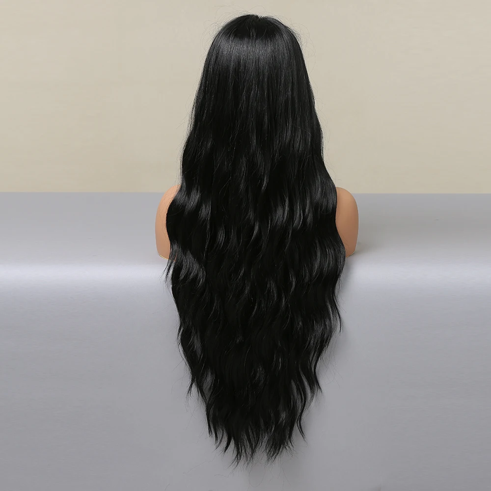 Дълги вълнообразни черно синтетични перука на дантели отпред за черни жени, средната част, перука, завързана с висока плътност от устойчиви на топлина влакна, дневна среща, парти