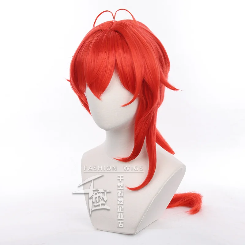 Игри перука за cosplay Genshin Impact Diluc, червена дълга коса, термоустойчиви синтетични аксесоари за парти за Хелоуин, реквизит