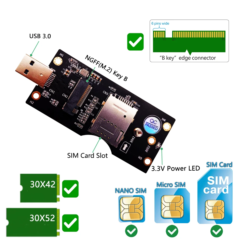 Карта NGFF (M. 2) Key B към адаптер USB 3.0 конектор за SIM-карти 8pin за модул 3G/4G/5G, поддерживающему гнездо за SIM-карти 8pin