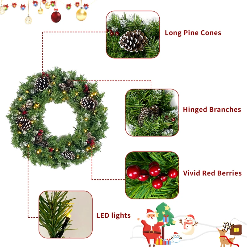 Коледно дърво, предварително осветени, Коледна Изкуствена елха, Коледен комплект от 4 теми, Венец, корона и комплект от 2 вход елхи X-mas с led подсветка