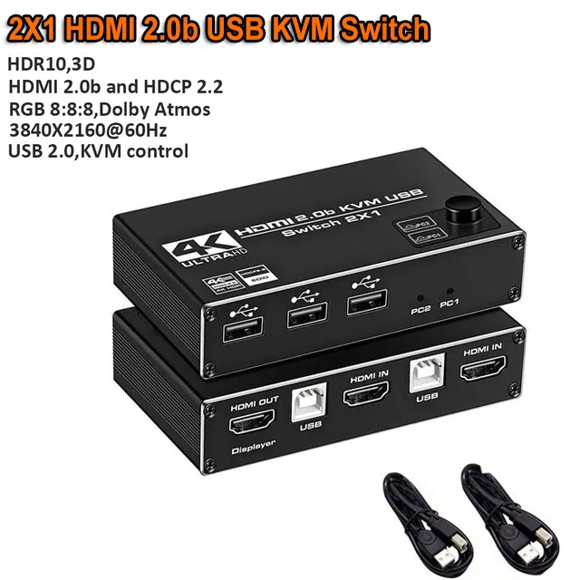 Комутатор HDMI 2.0 KVM 4K 60Hz 2X1 USB KVM Превключвател кутии HDCP 2.2 Двоен вход 1 изход за споделяне на монитора, клавиатурата, мишката